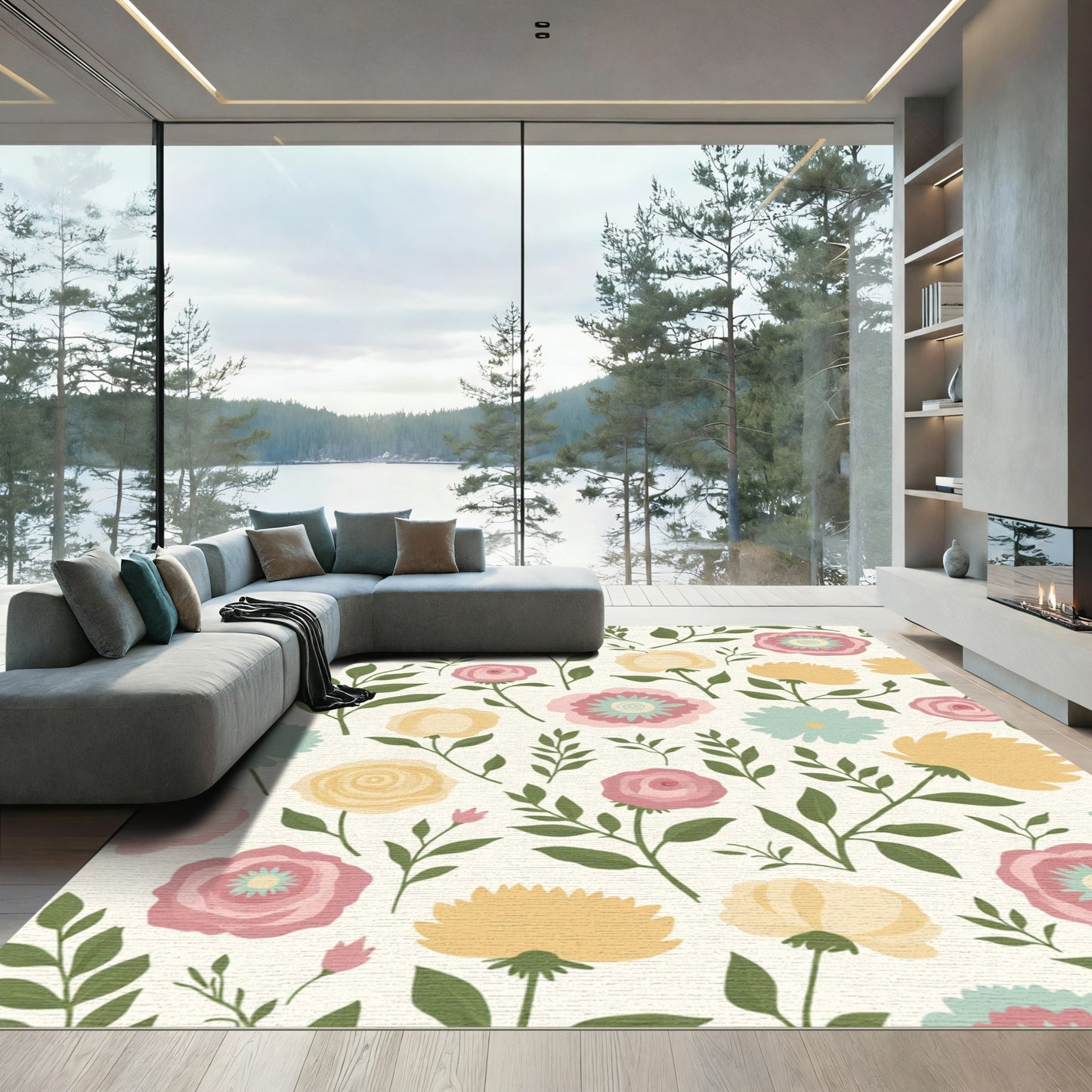 Whimsical Floral Arrangement Pink Yellow Teal Rug