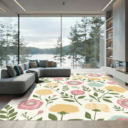 Whimsical Floral Arrangement Pink Yellow Teal Rug