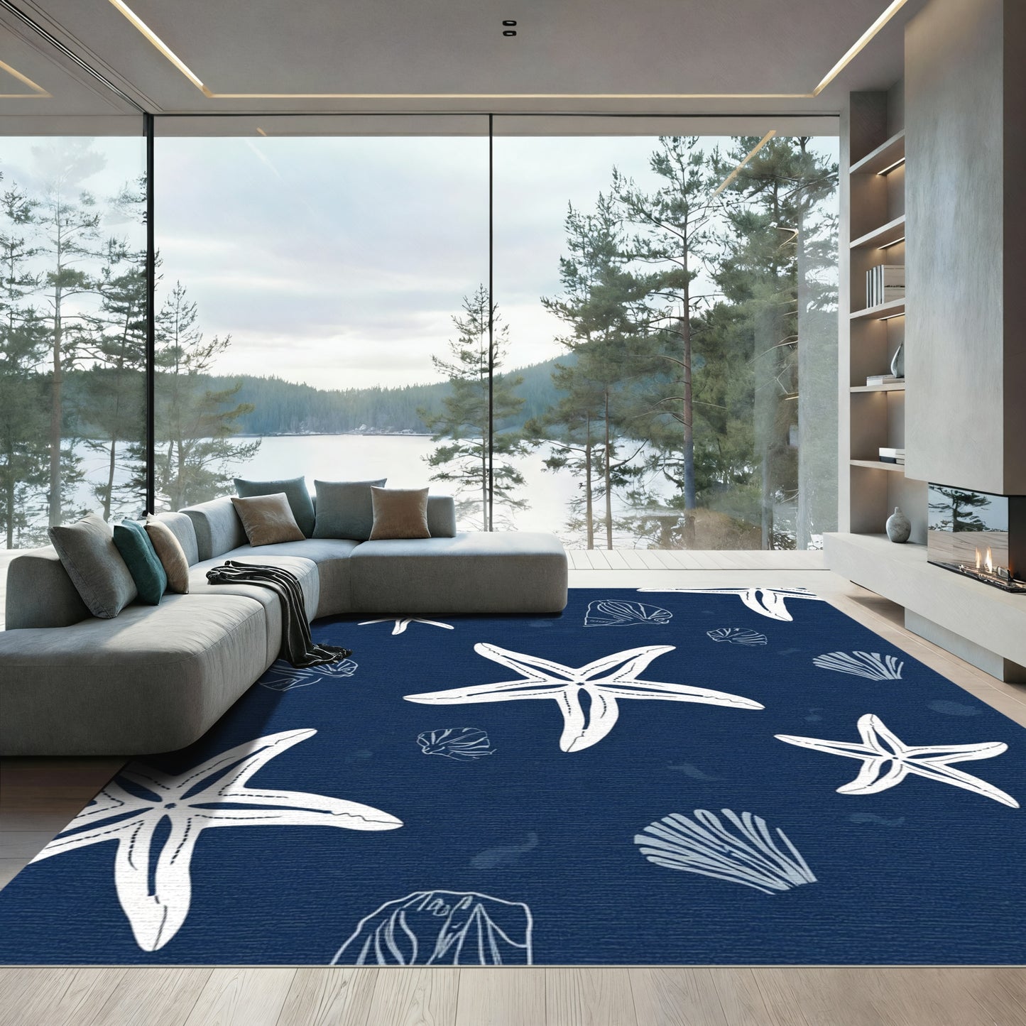White Starfish Seashell Ocean Collage Rug