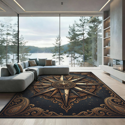 Vintage Gold Compass Star Medallion Rug