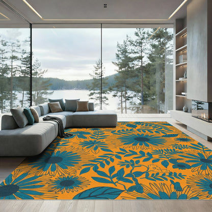 Teal Floral Bloom On Orange Background Rug