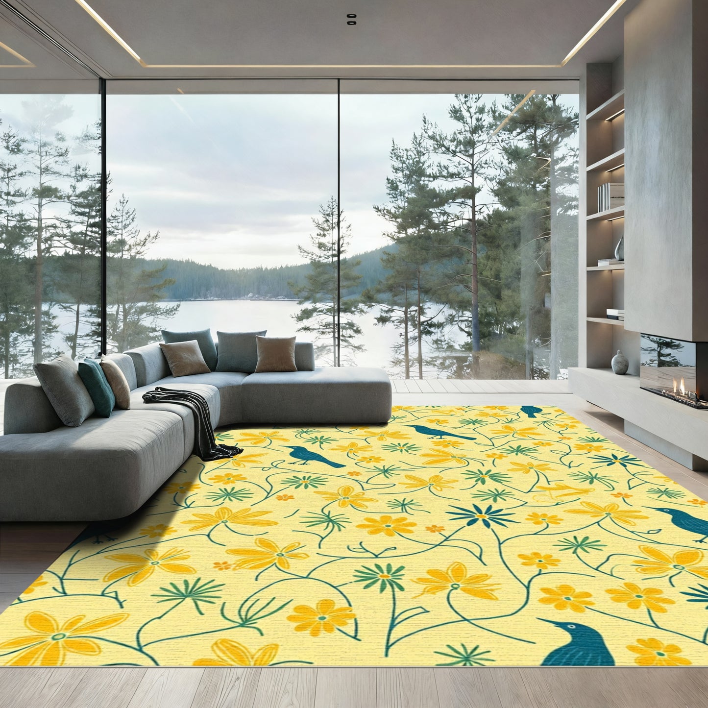 Yellow Blue Bird Floral Vine Rug