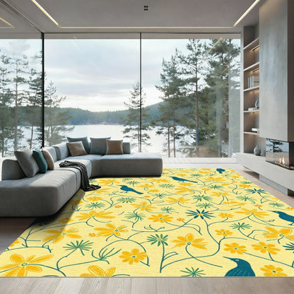 Yellow Blue Bird Floral Vine Rug