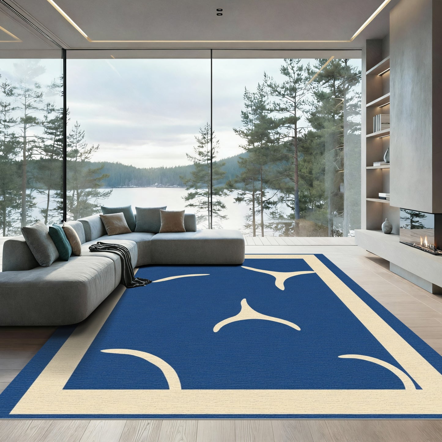 Deep Blue Abstract Organic Forms Rug