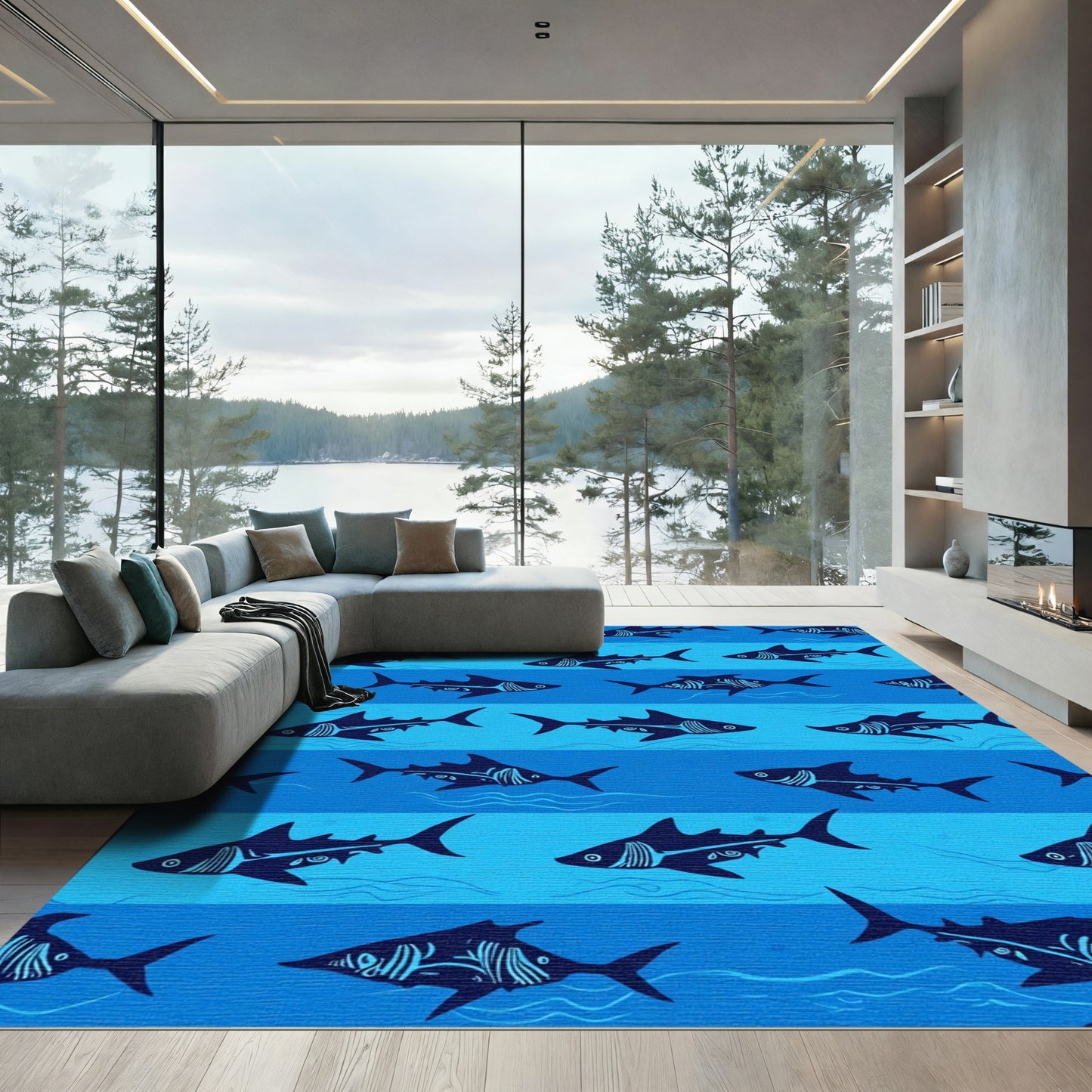 Dark Blue Stripy Shark Repeating Pattern Rug