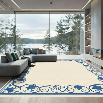 Deep Blue Floral Vine Border Rug