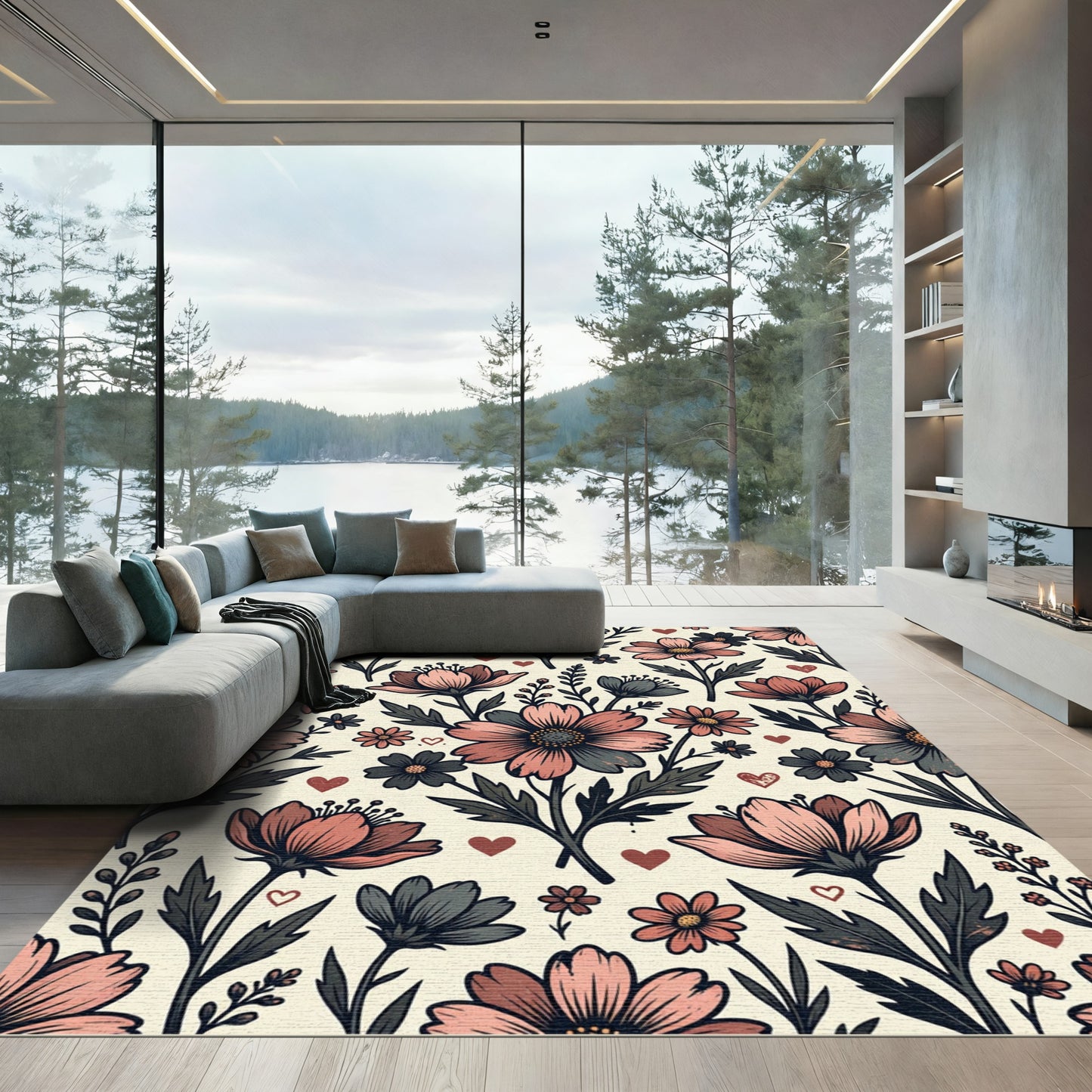 Blush Pink Botanical Wildflower Hearts Rug