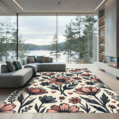 Blush Pink Botanical Wildflower Hearts Rug