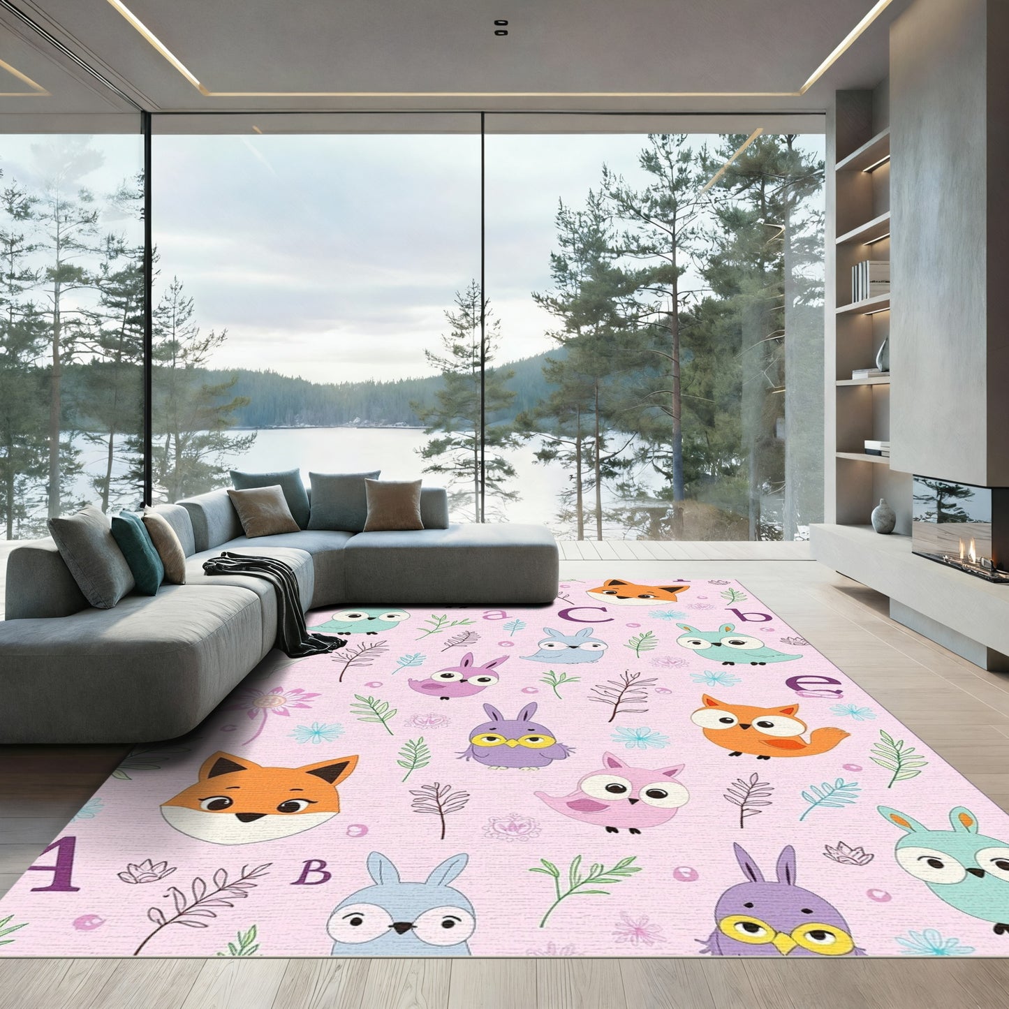 Whimsical Fox Owl Rabbit Alphabet Pattern Rug
