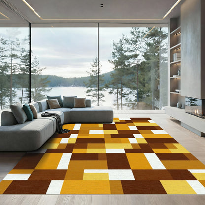 Modern Ochre Brown Geometric Block Art Rug