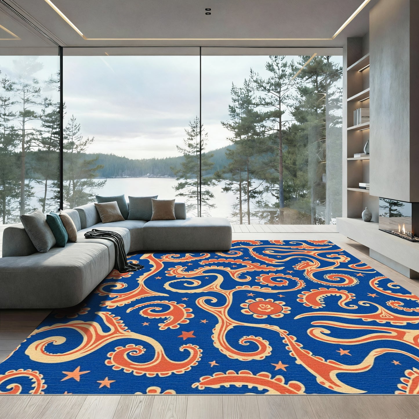 Coral Swirls Stars Blue Rug