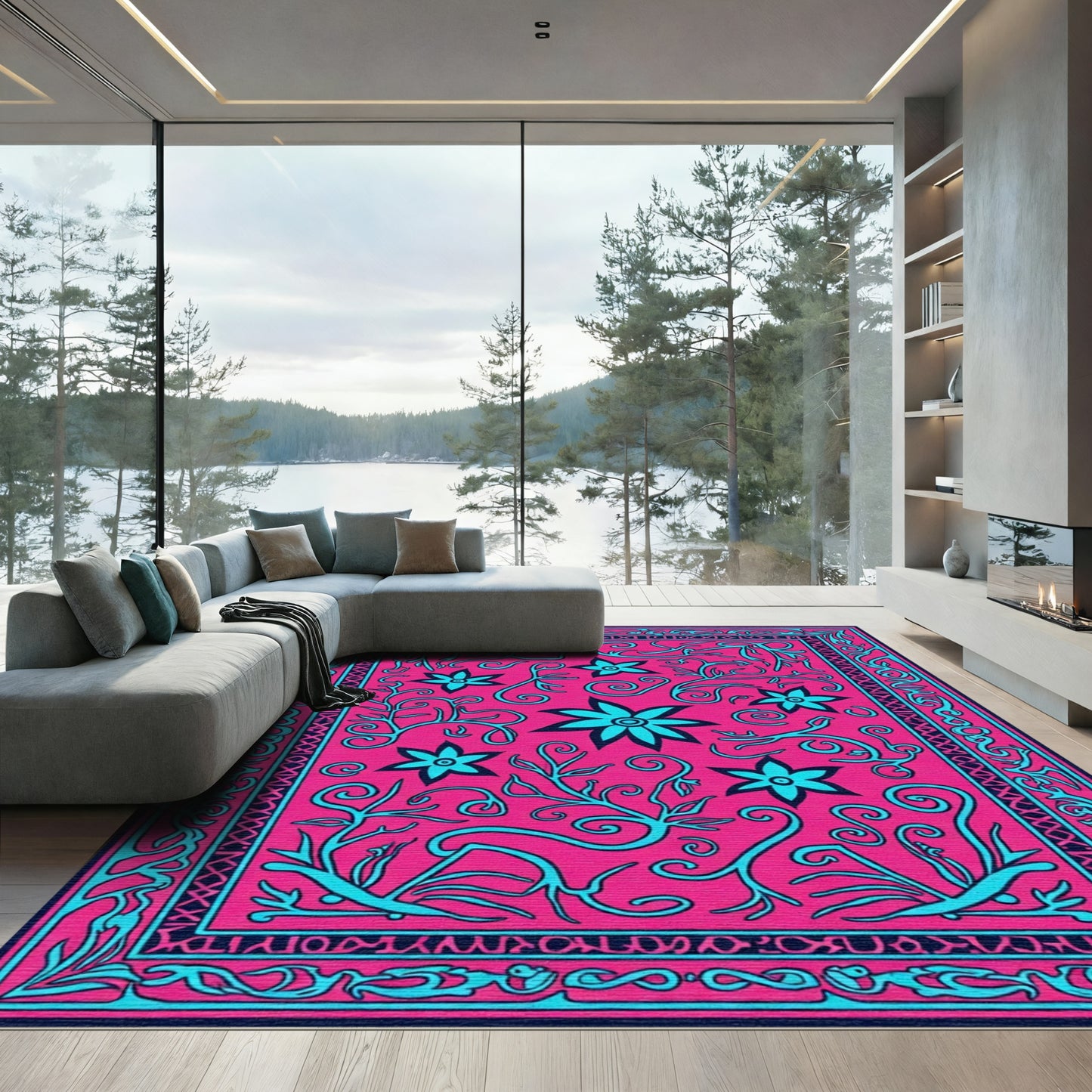 Hot Pink Turquoise Floral Vine Medallion Rug
