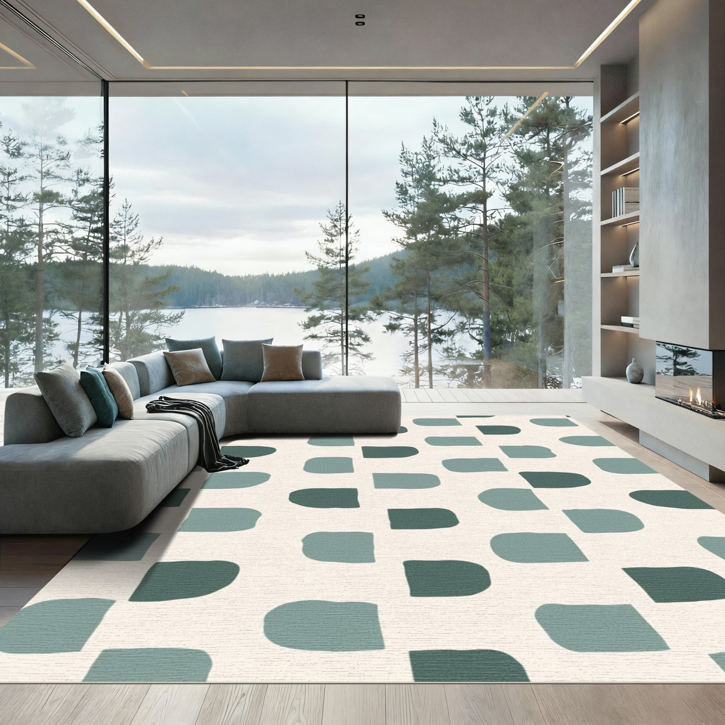 Modern Teal Rounded Squares Arrangement Rug