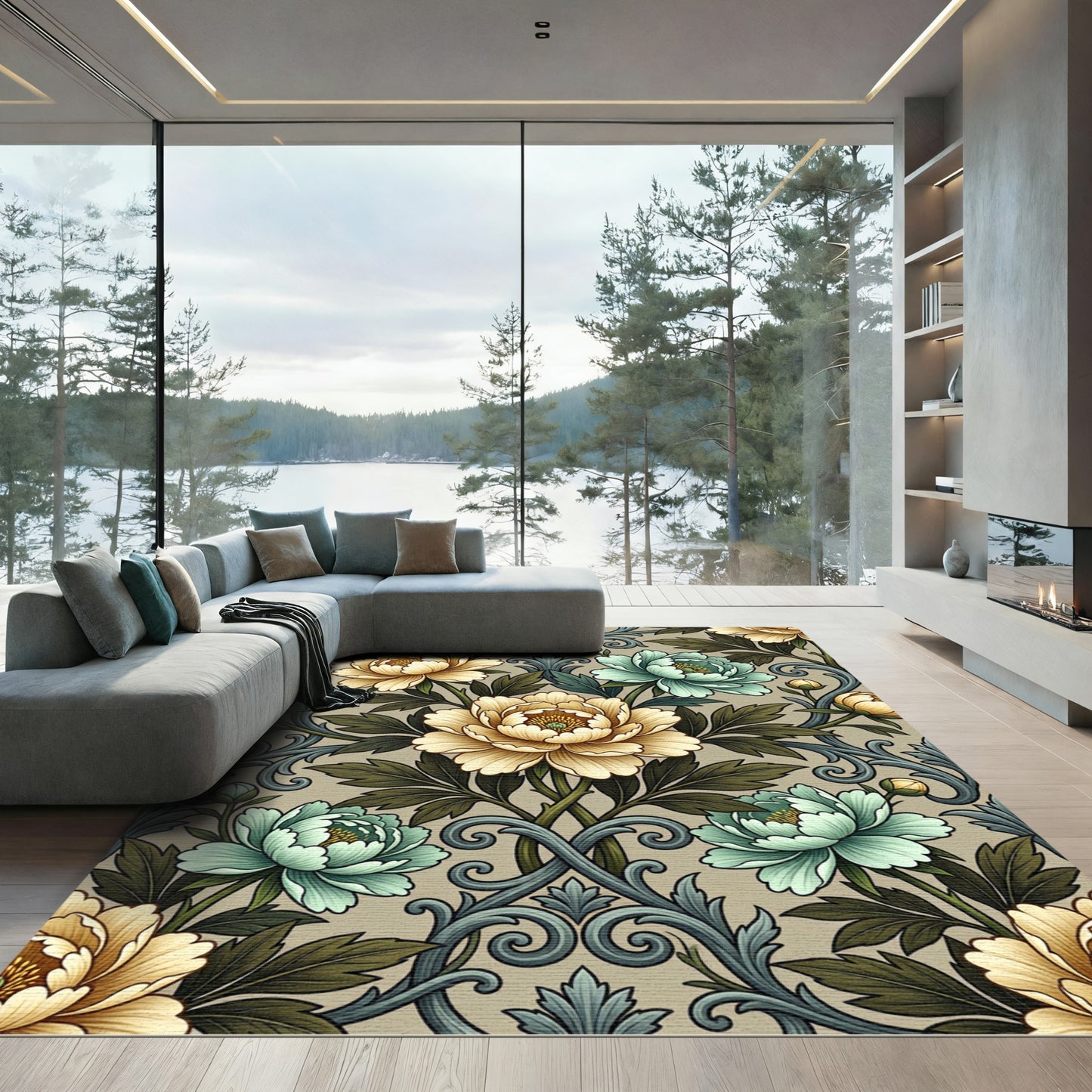 Elegant Beige and Sage Peony Scroll Rug