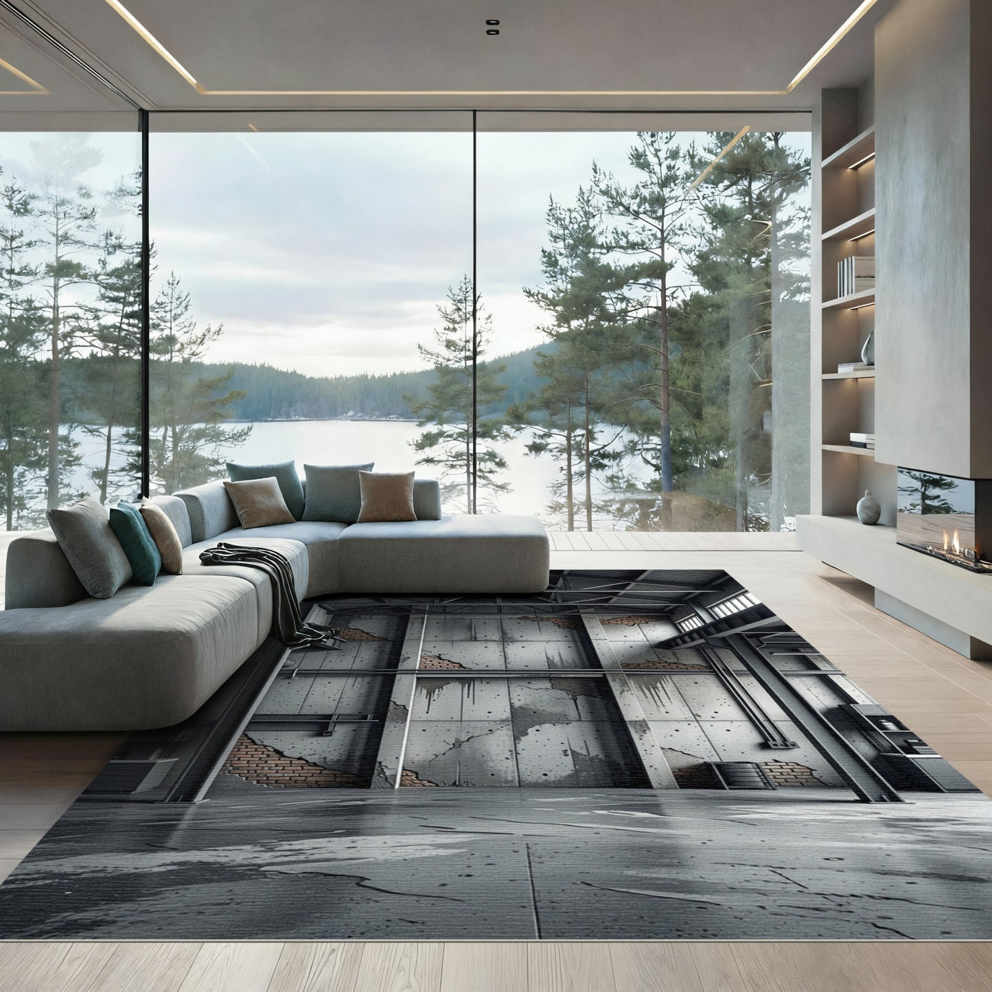 Industrial Gray Concrete Brick Overlay Rug