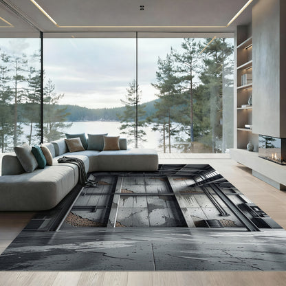 Industrial Gray Concrete Brick Overlay Rug