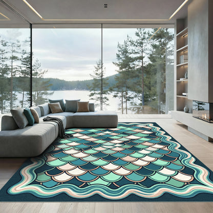 Teal Aquatic Scallop Wave Frame Rug