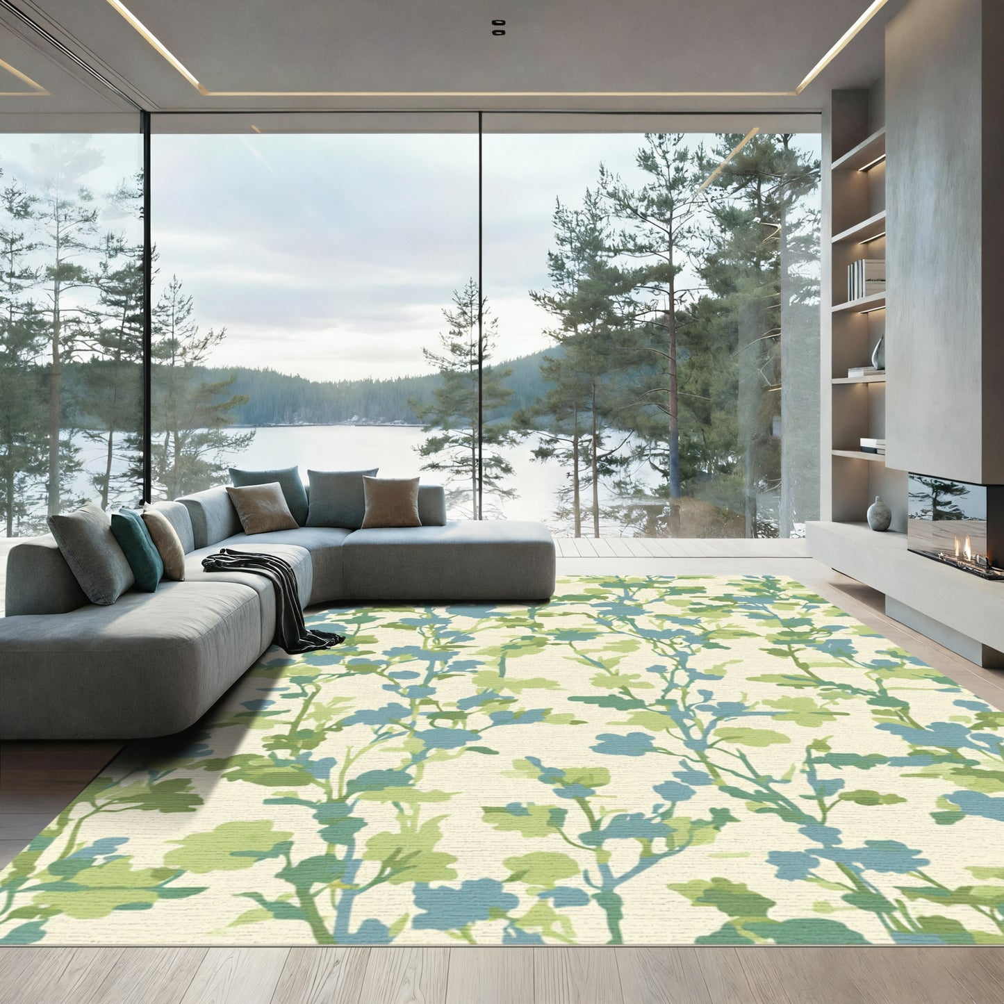 Verdant Blue Floral Garden Wallpaper Rug