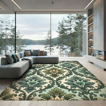 Vintage Green Floral Damask Scroll Rug