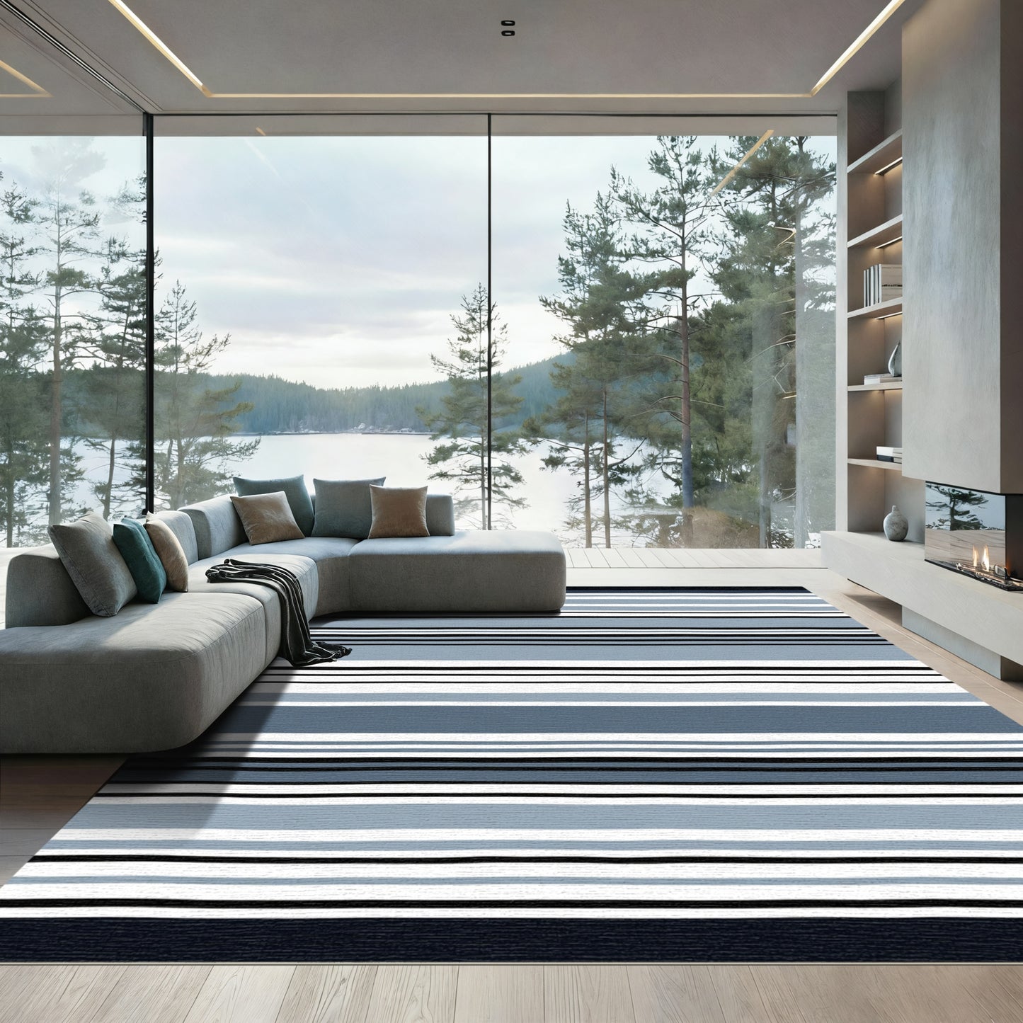 Modern Blue White Black Stripe Rug