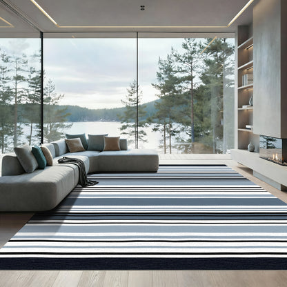 Modern Blue White Black Stripe Rug