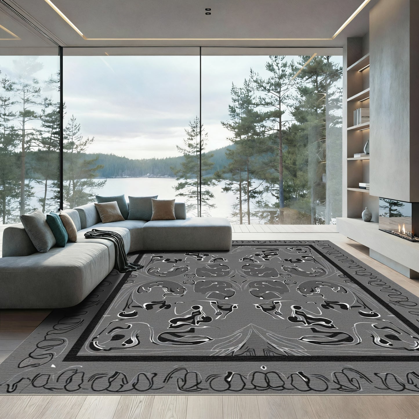 Monochromatic Abstract Swirl Border Rug