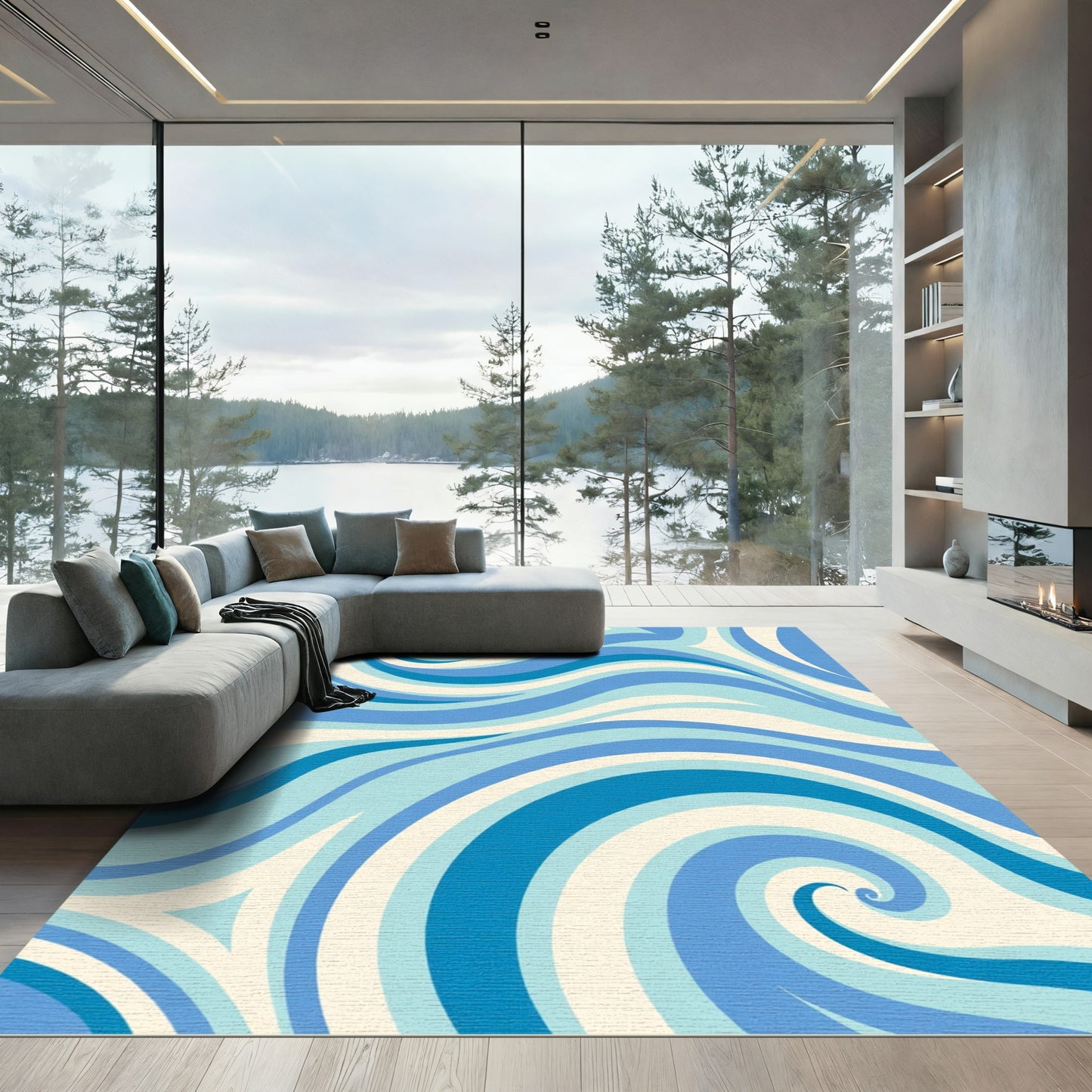 Cerulean Blue Swirl Waves Rug