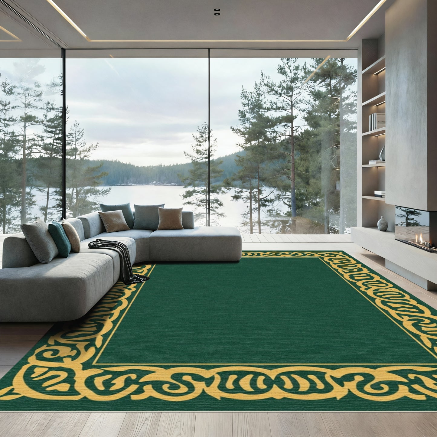 Emerald Green And Gold Scroll Border Rug