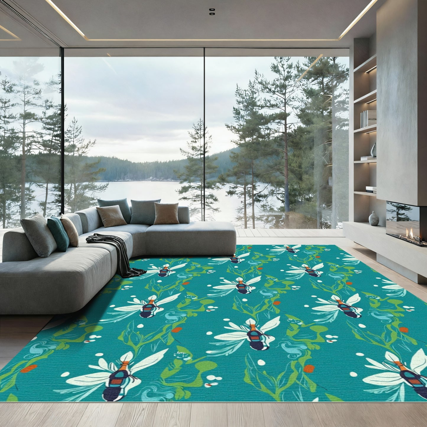 Teal Abstract Insect Blossom Foliage Rug