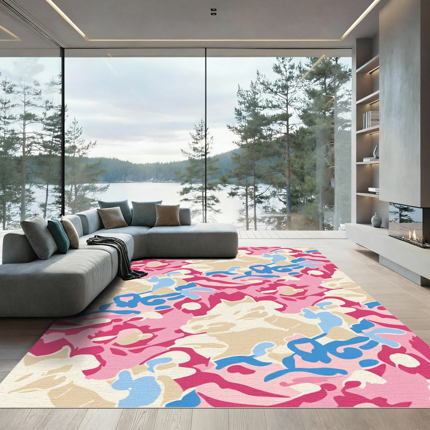 Pink Blue Camo Abstract Shapes Rug