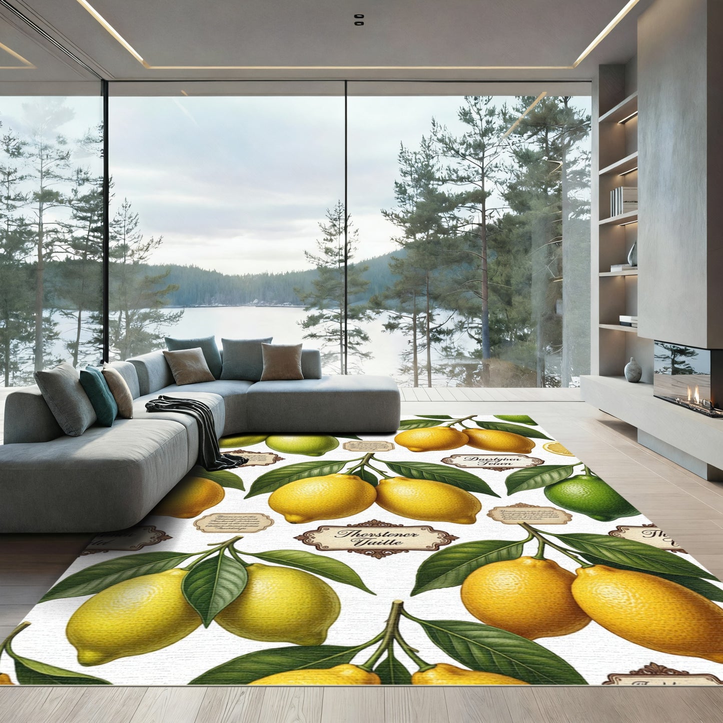 Fresh Yellow Lemon Citrus Botanical Illustration Rug