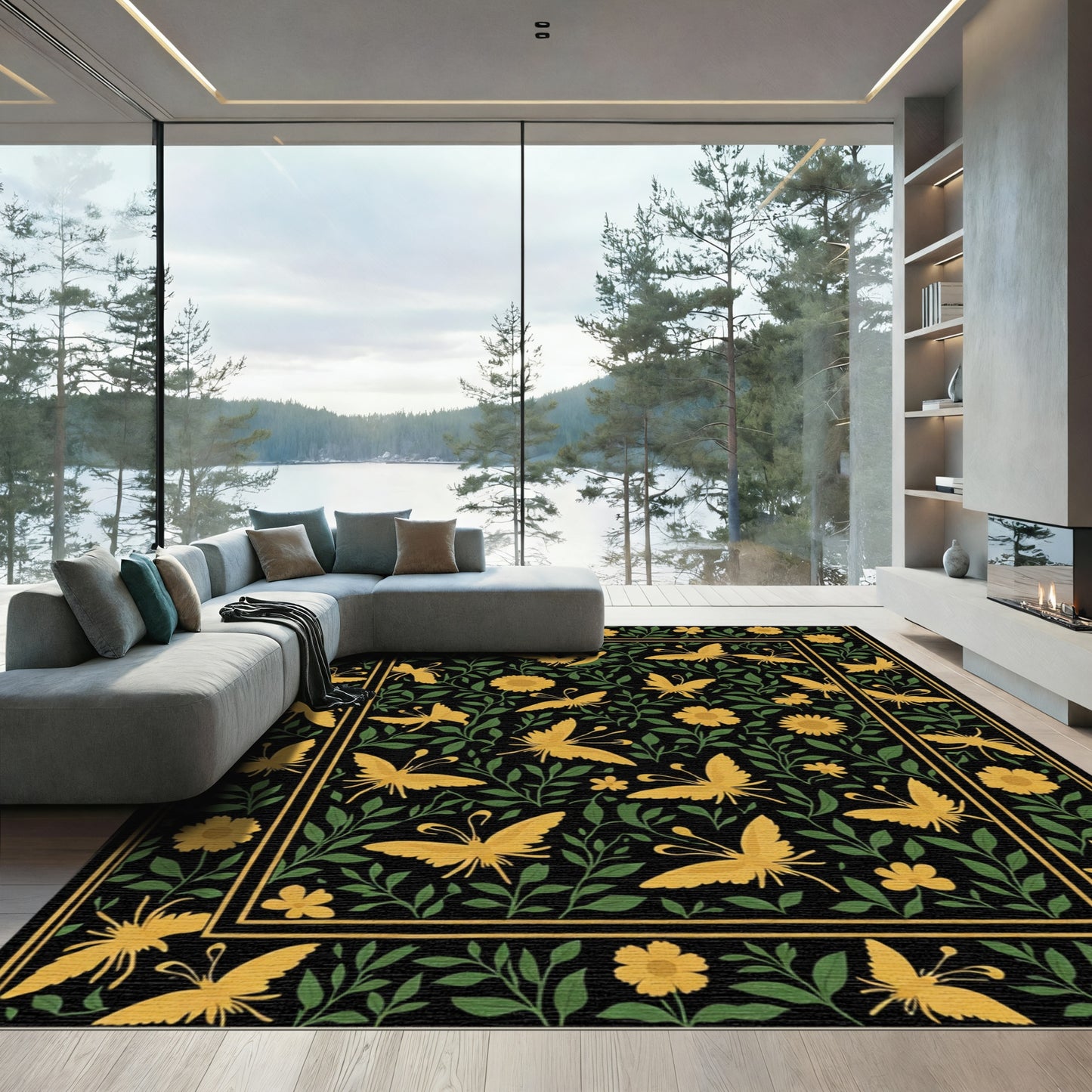 Golden Butterfly Meadow Black Rug
