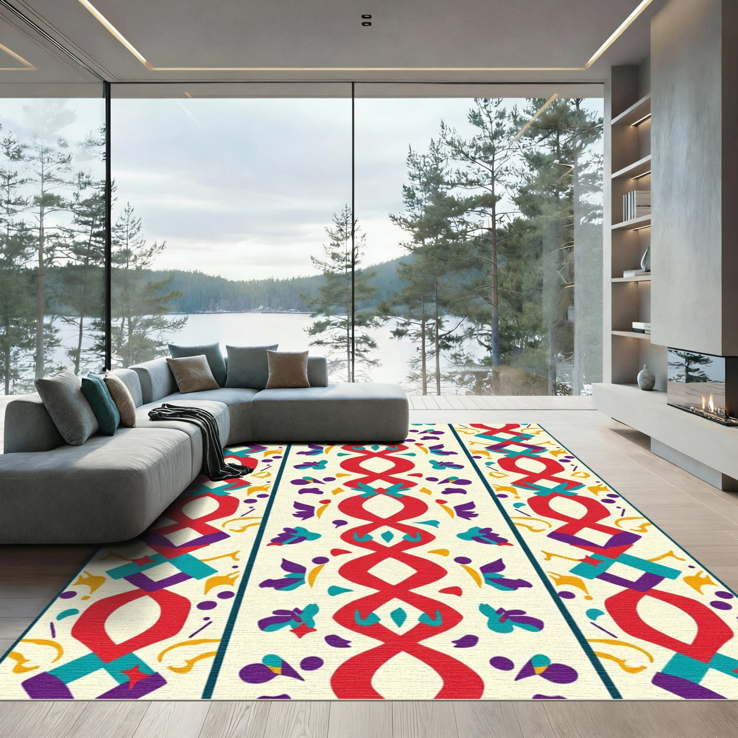 Crimson and Teal Vertical Tribal Stripe Rug