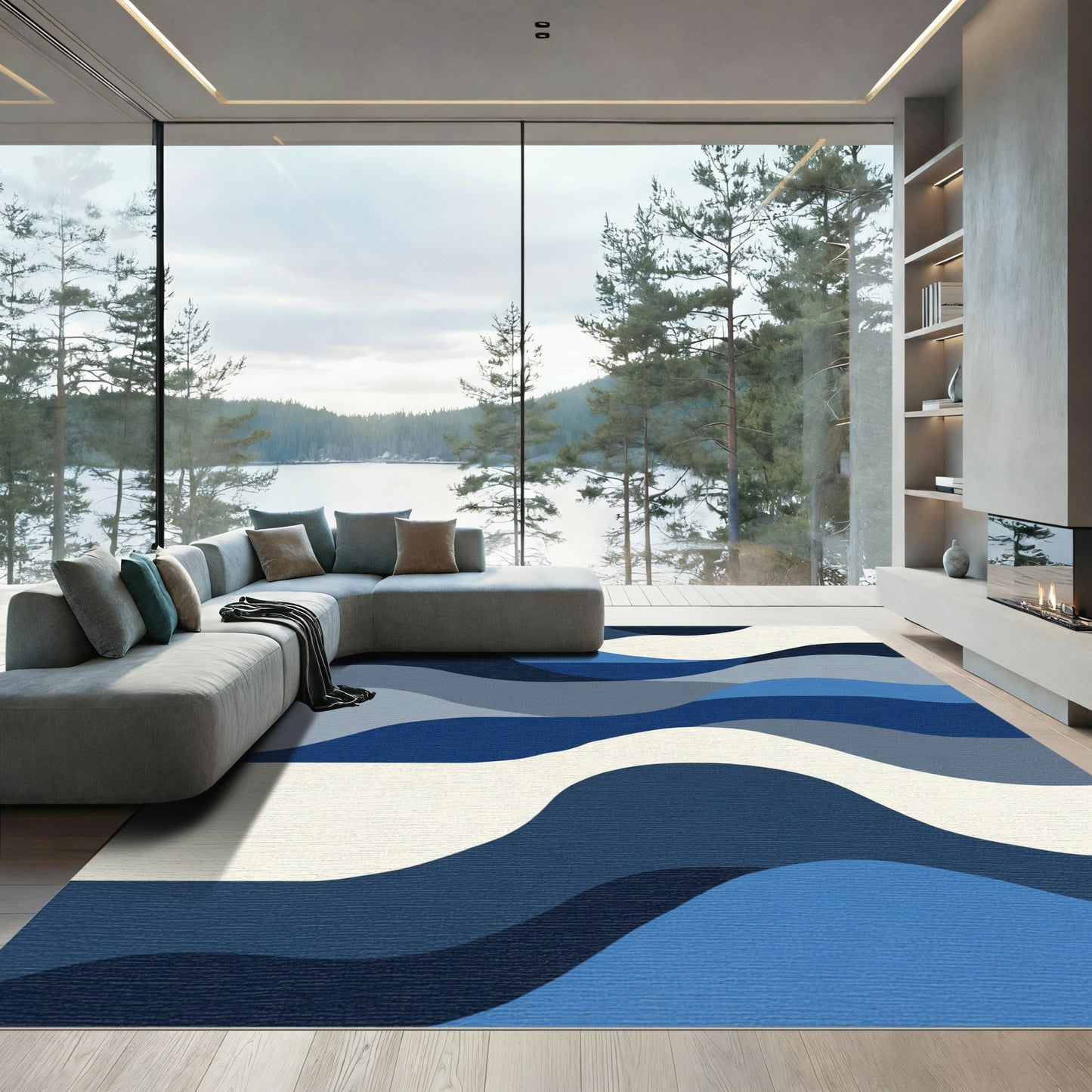 Indigo Blue Abstract Wave Layer Rug