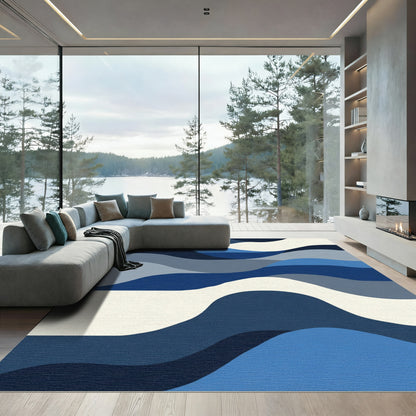 Indigo Blue Abstract Wave Layer Rug