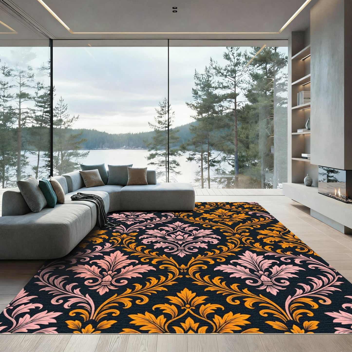 Elegant Ornate Pink and Golden Damask Rug
