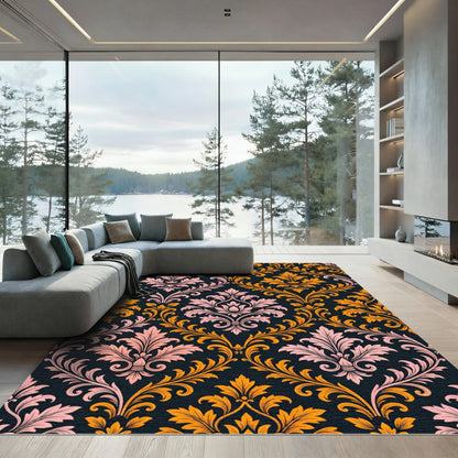 Elegant Ornate Pink and Golden Damask Rug