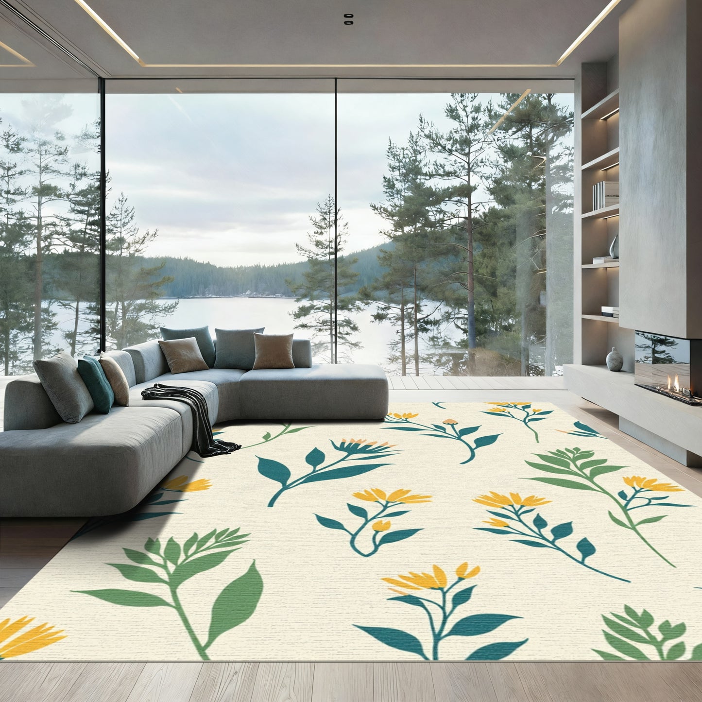 Yellow Daisy Botanical Foliage Arrangement Rug