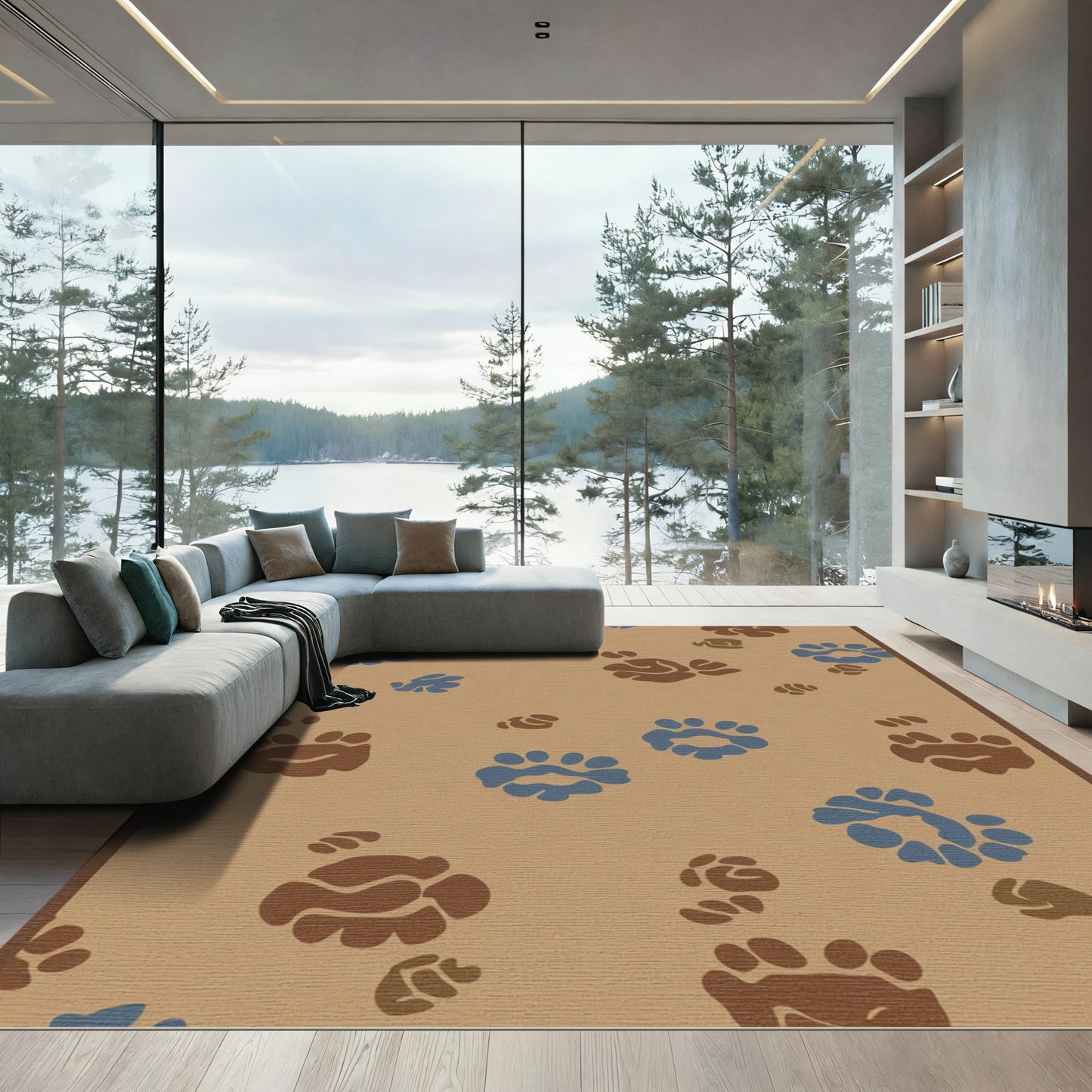 Brown Blue Paw Prints Scatter Rug