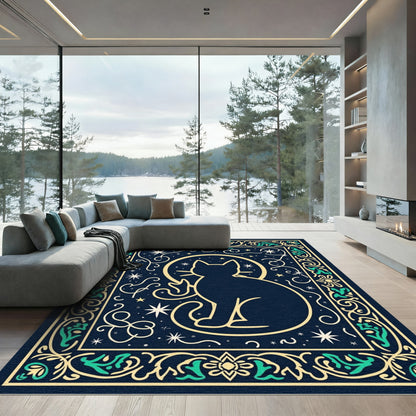 Midnight Celestial Cat With Whimsical Border Rug