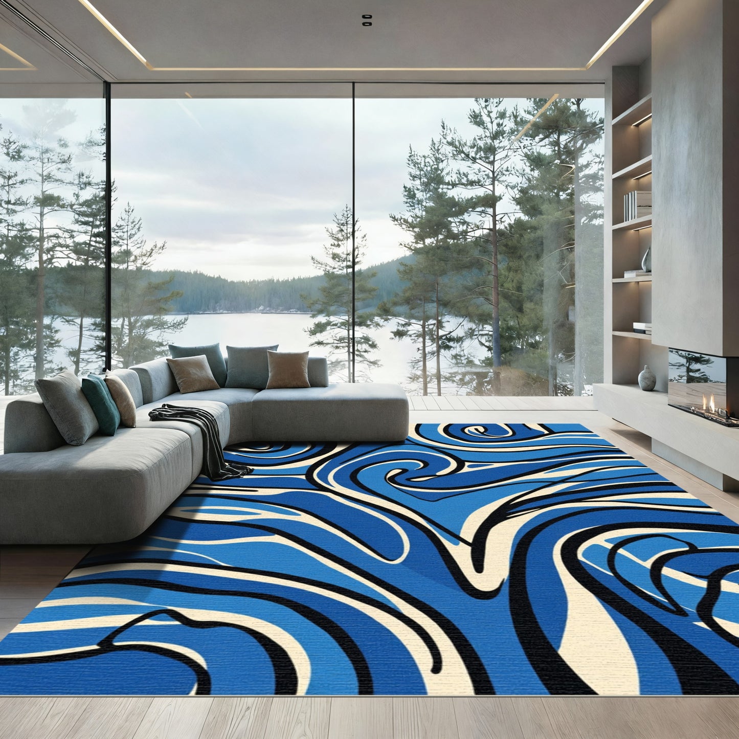 Dynamic Blue Swirl Abstract Rug