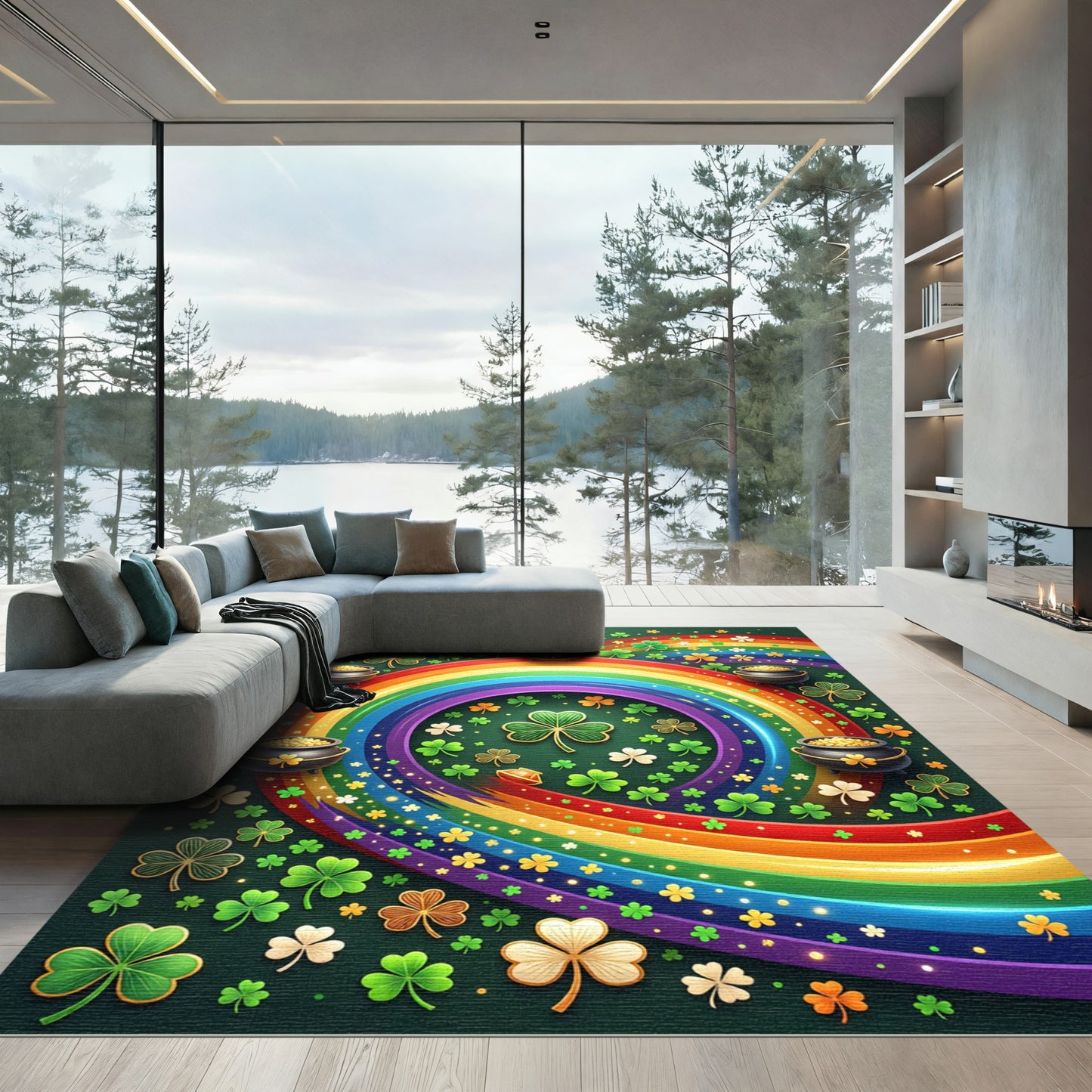Vibrant Rainbow Shamrock Gold Coin Swirl Rug
