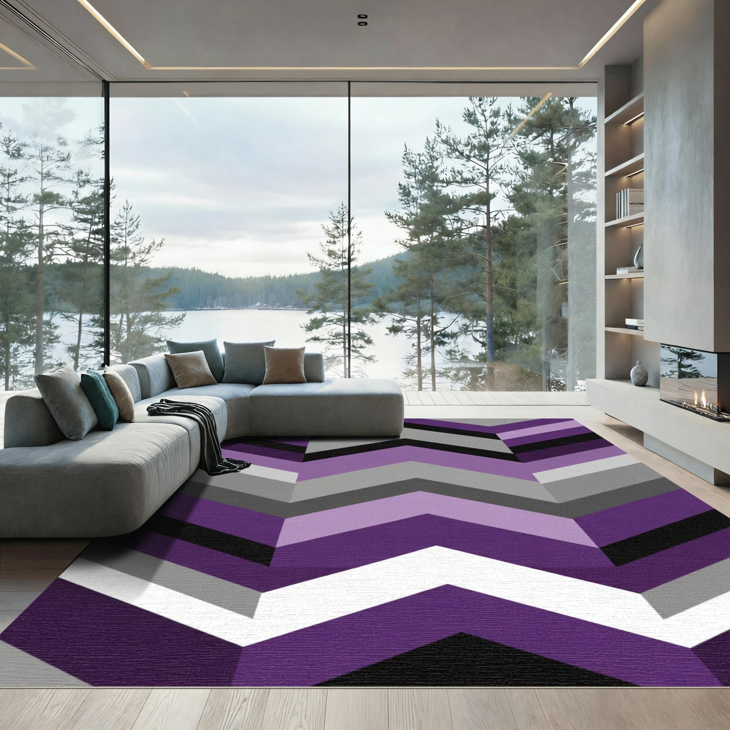 Purple Gray Black White Chevron Accents Rug