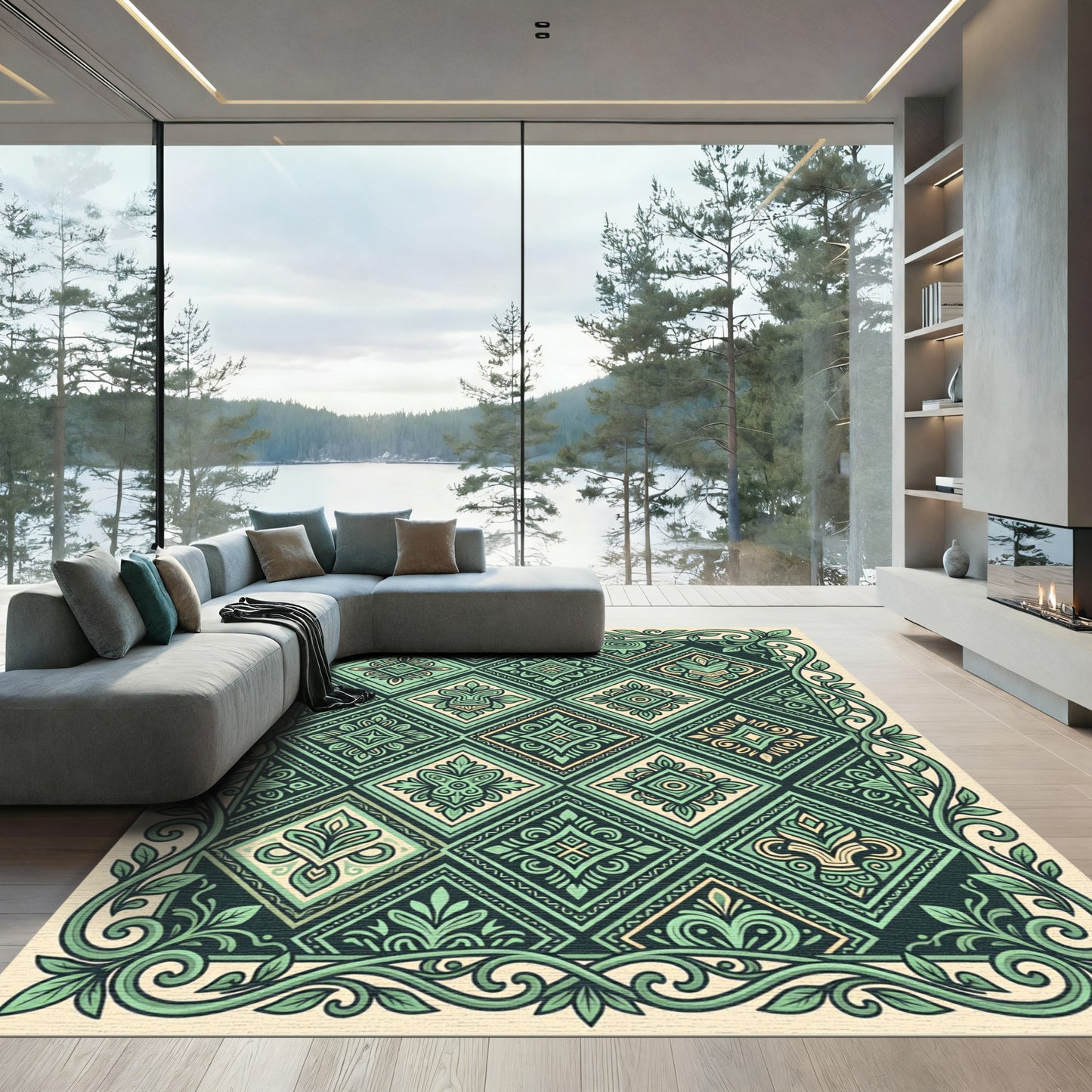 Emerald Verdant Geometric Foliage Tile Rug