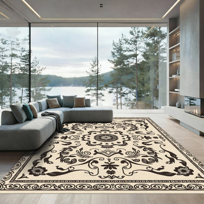 Cream Black Filigree Floral Medallion Rug