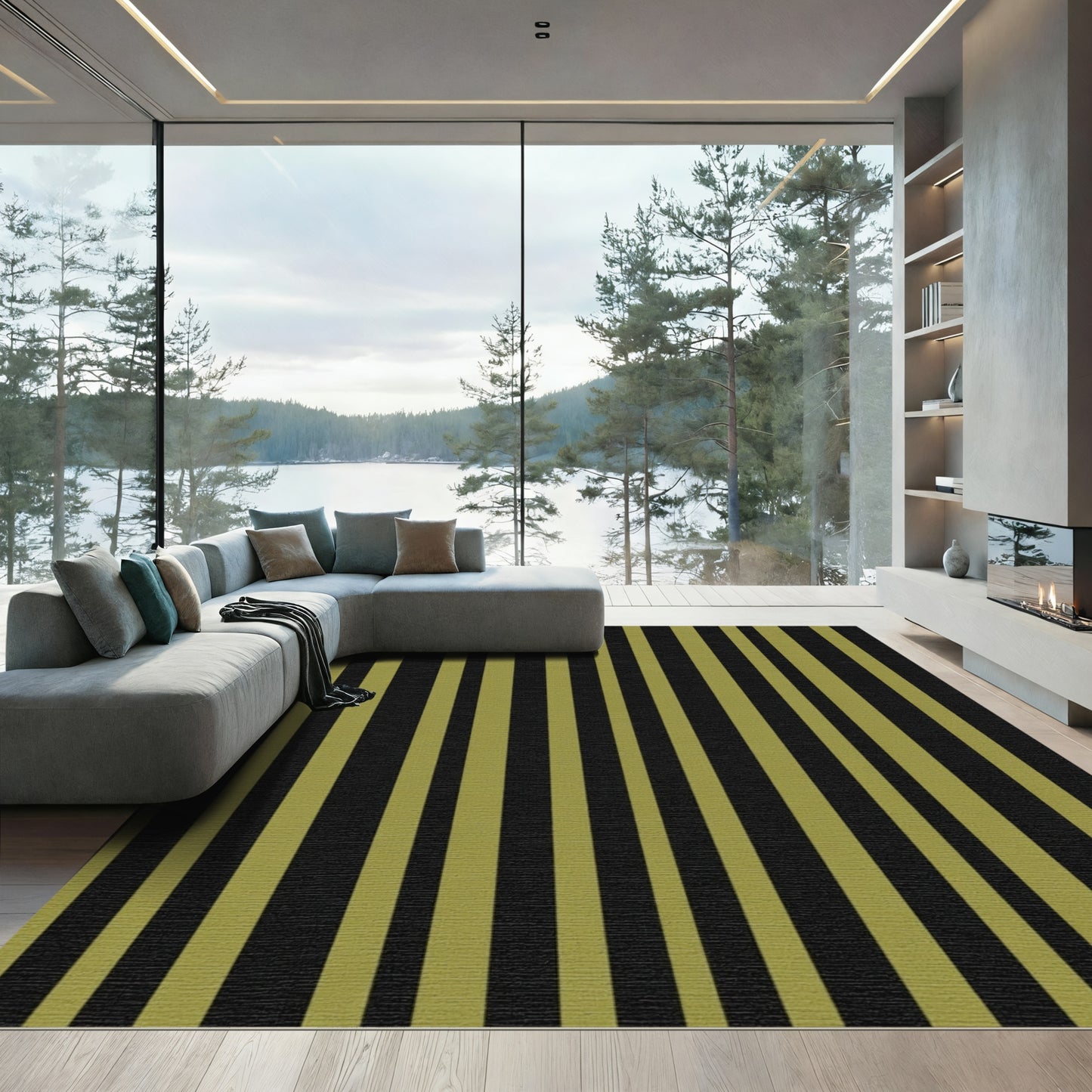 Bold Black Gold Vertical Stripes Rug