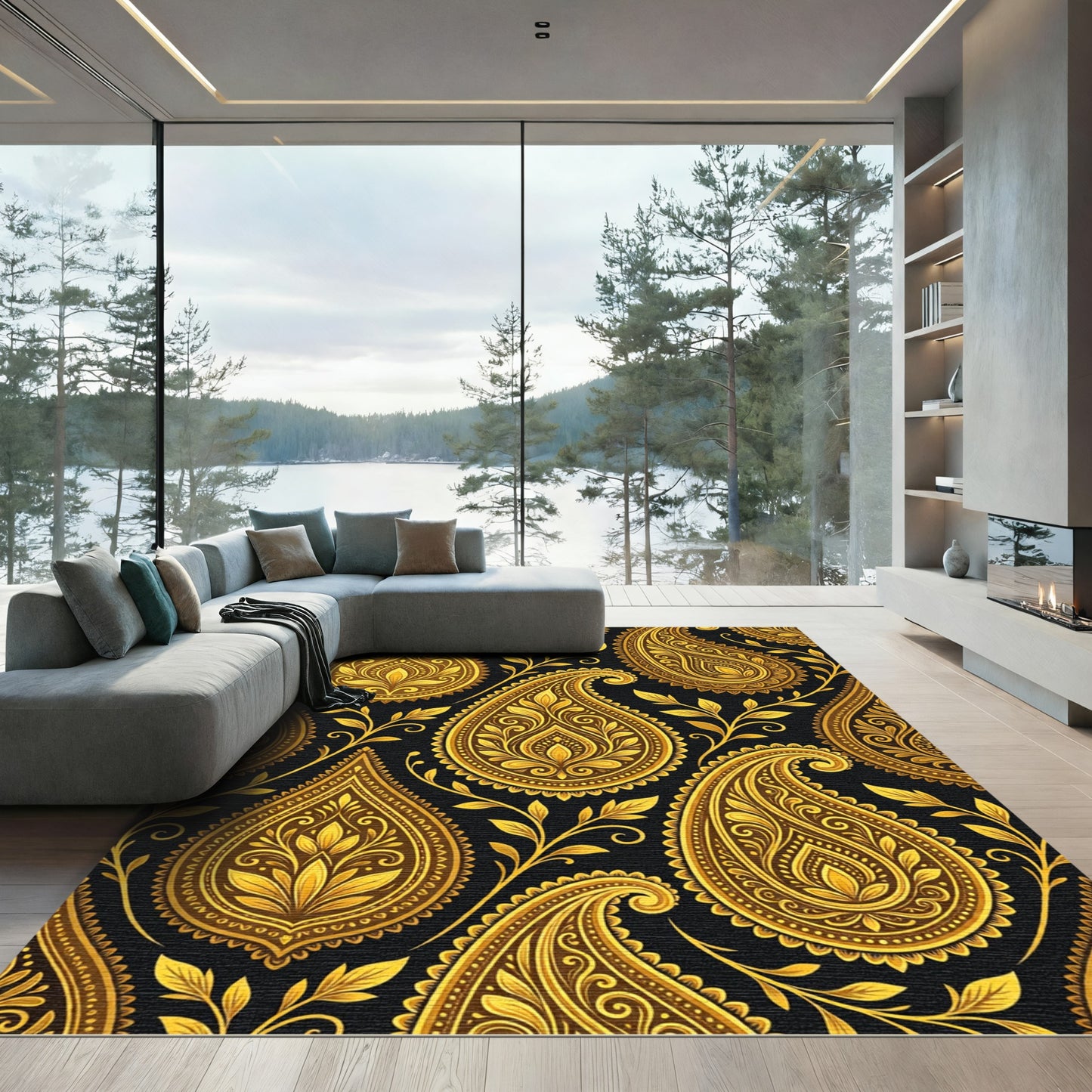Luxurious Golden Paisley Scroll Black Ensemble Rug