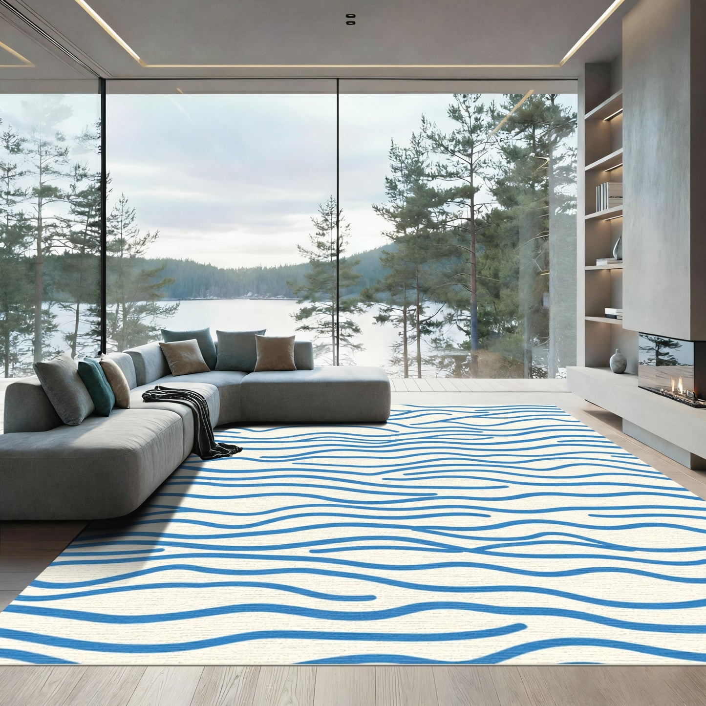 Bold Blue Wavy Line Rug