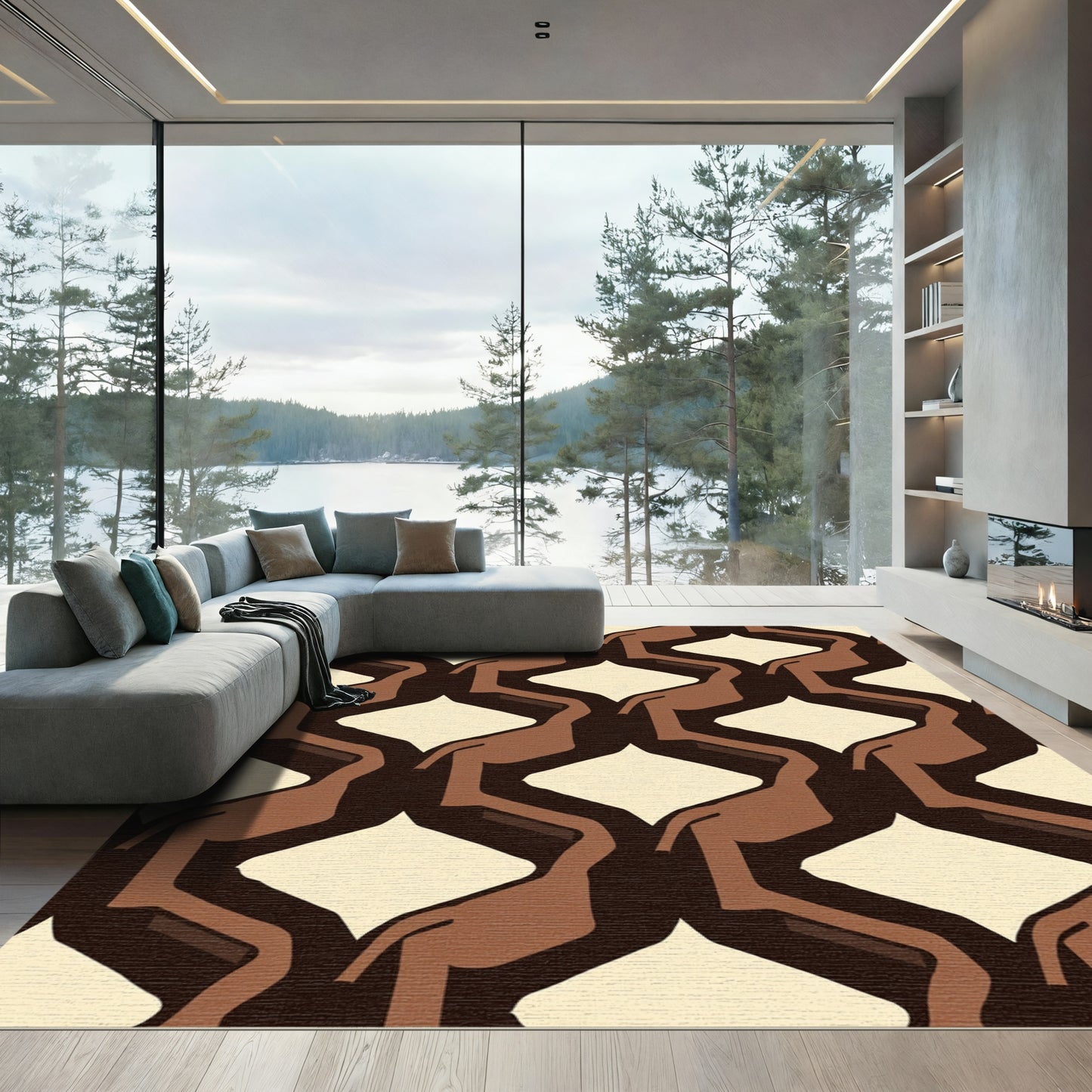 Amber Brown Interlocking Diamond Shapes Rug