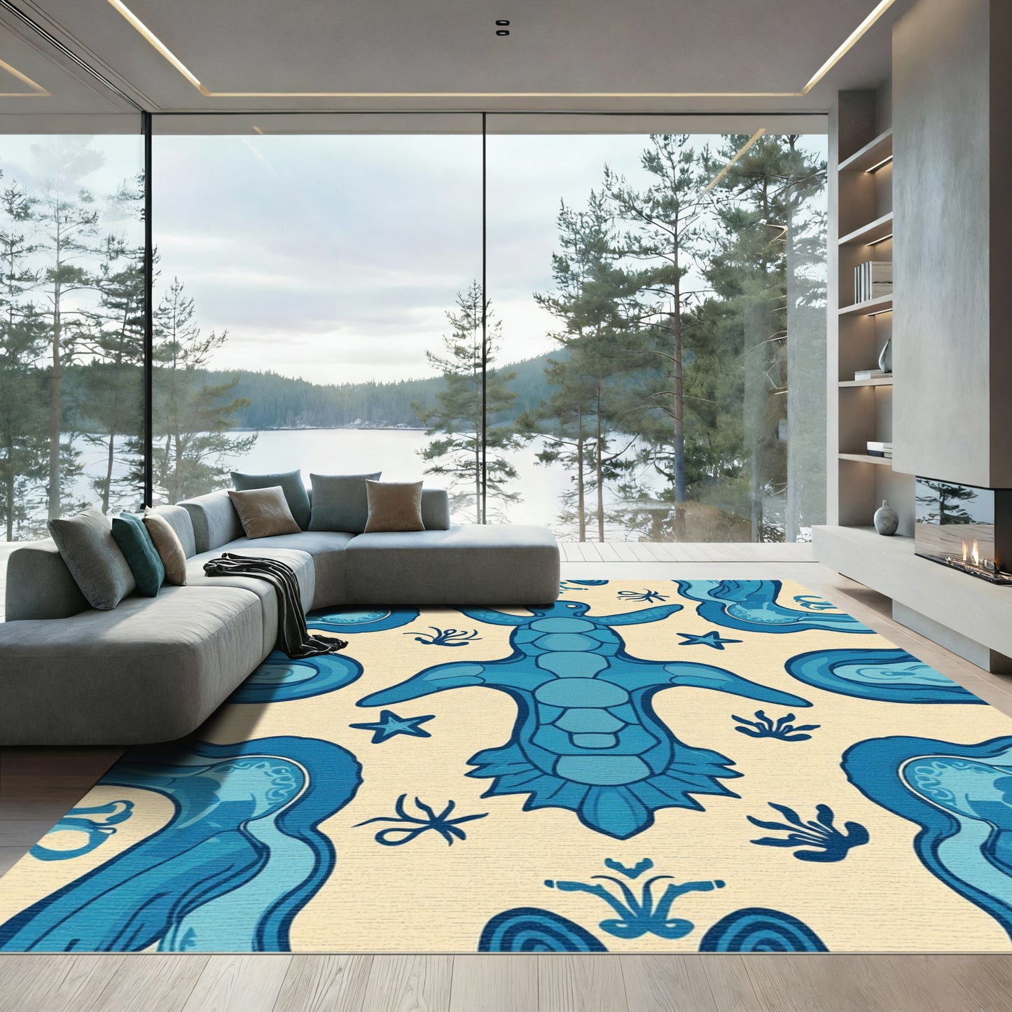 Oceanic Blue Sea Turtle Fauna Rug